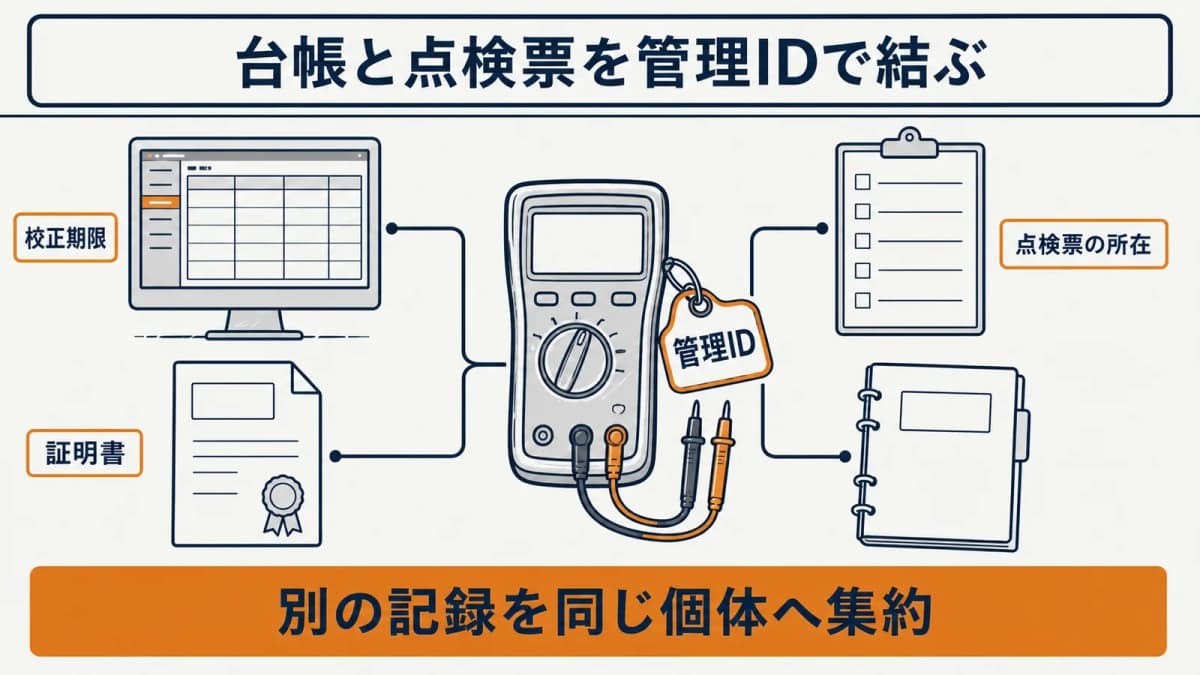 始業前点検票と校正台帳を管理IDで分担する関係図