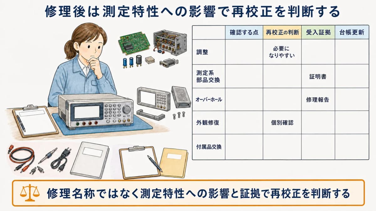 修理内容と測定特性への影響から再校正を判断する表