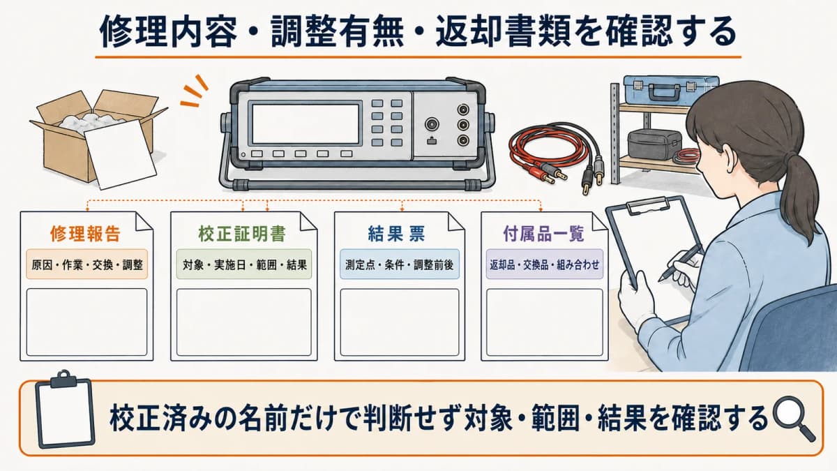 修理返却時に必要な報告と校正証明書を整理する受領書類表