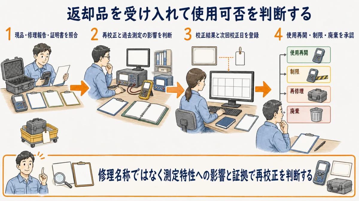 修理返却品の照合から再校正と影響確認へ進む判断フロー