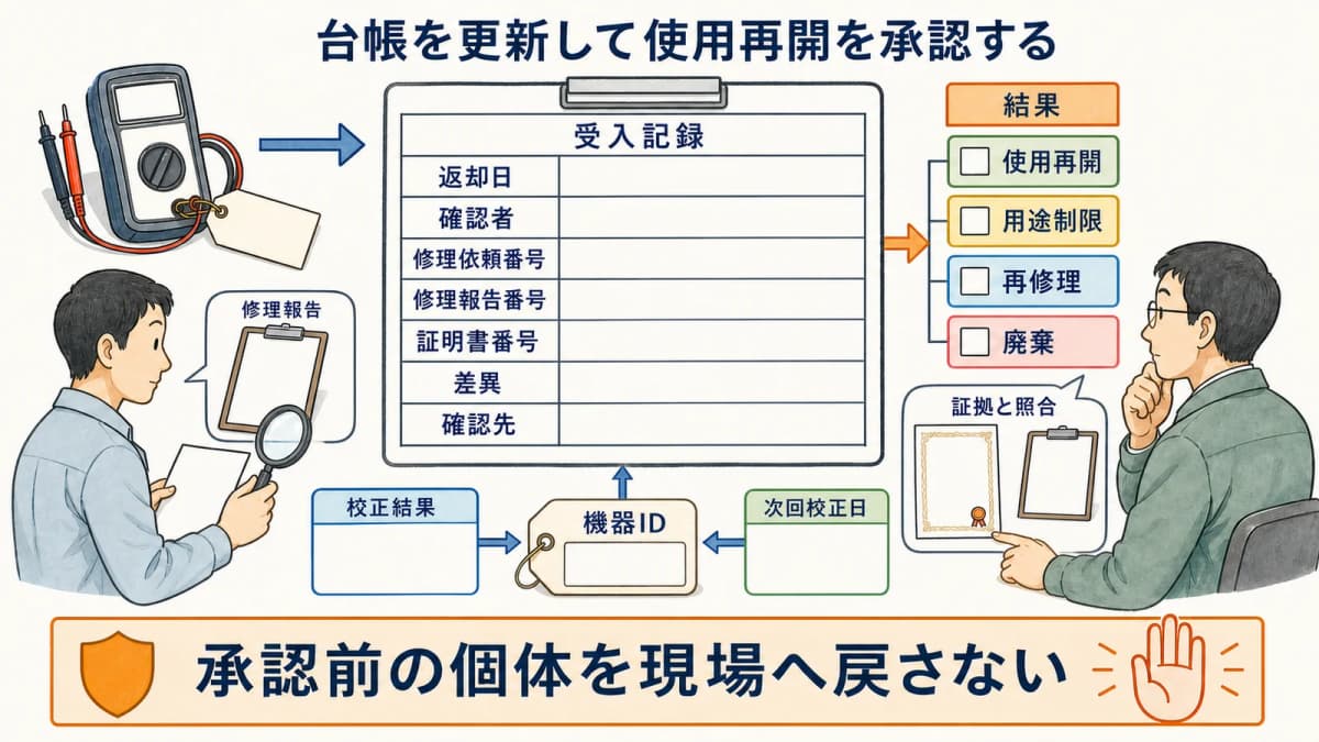 修理後の校正結果と次回日と使用再開を残す受入記録票