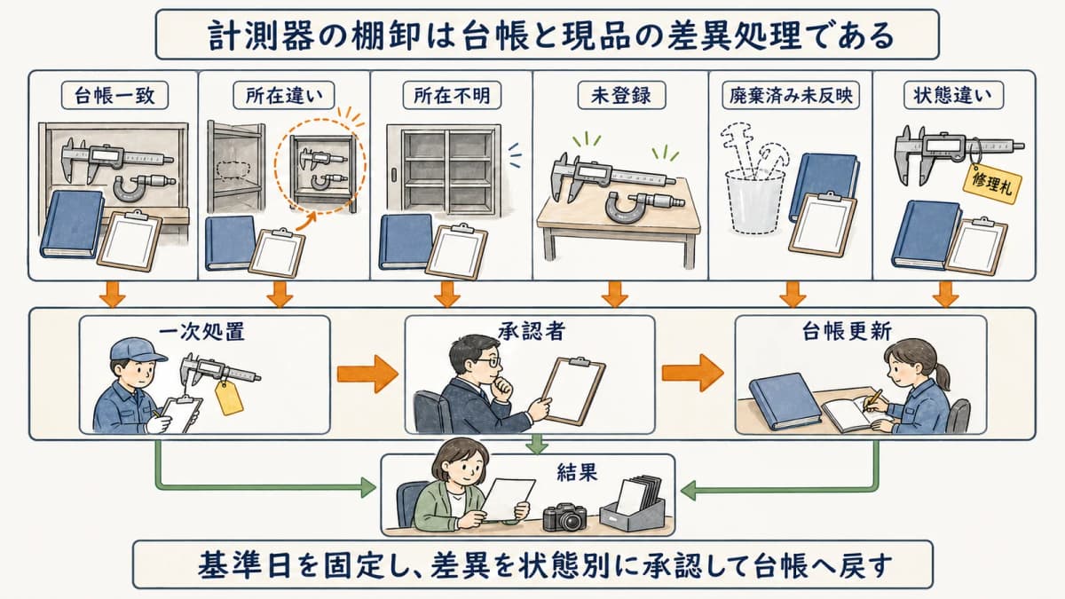 計測器の棚卸で6つの照合状態を処理する状態遷移図
