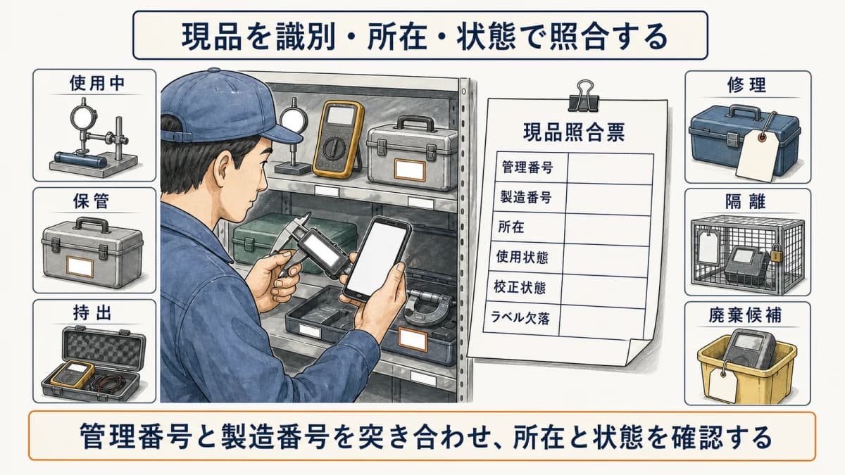 管理番号と製造番号と所在と状態を確認する現品照合票見本