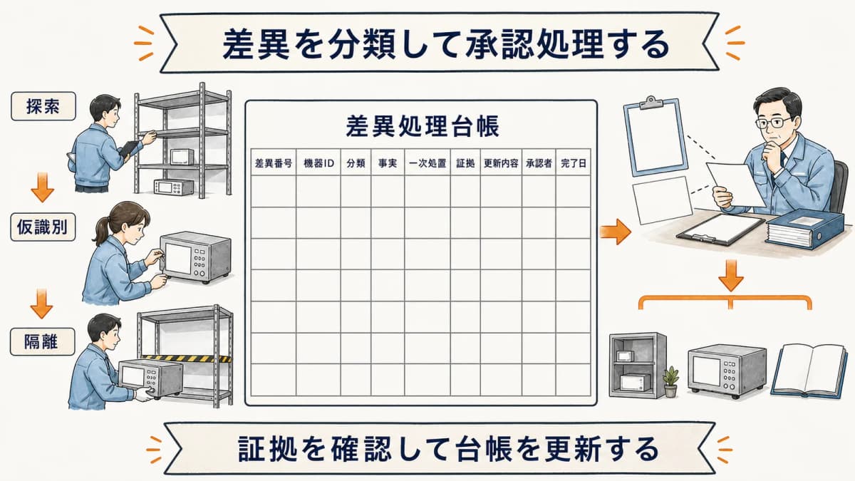所在不明と未登録と廃棄漏れを証拠で閉じる差異処理台帳