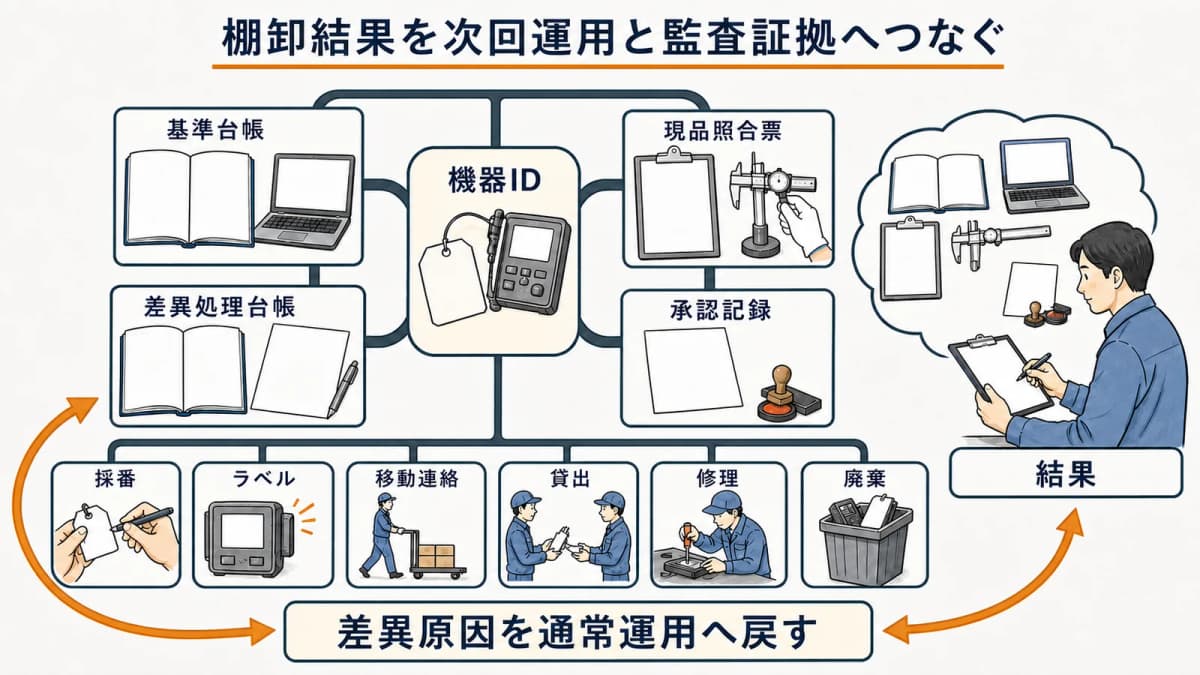 棚卸の基準台帳と照合票と差異処理をまとめる証拠パッケージ図