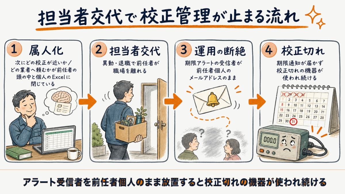 担当者交代で運用ノウハウが断絶し校正期限を見落とすリスクの流れを示した図解