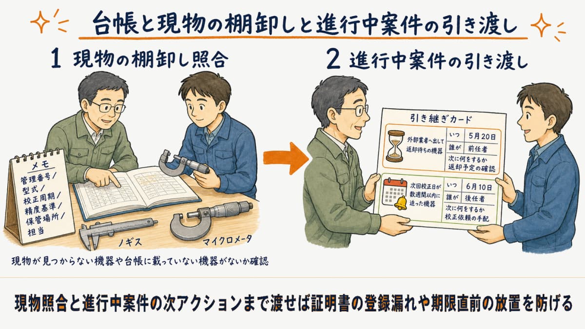 台帳と現物を照合し進行中の校正案件を後任へ引き渡す棚卸し手順の図解