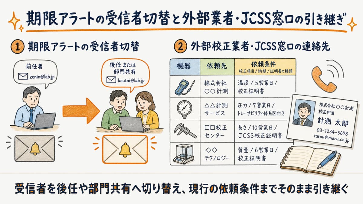 期限アラートの受信者切替と外部校正業者・JCSS窓口の連絡先を引き継ぐ手順の図解