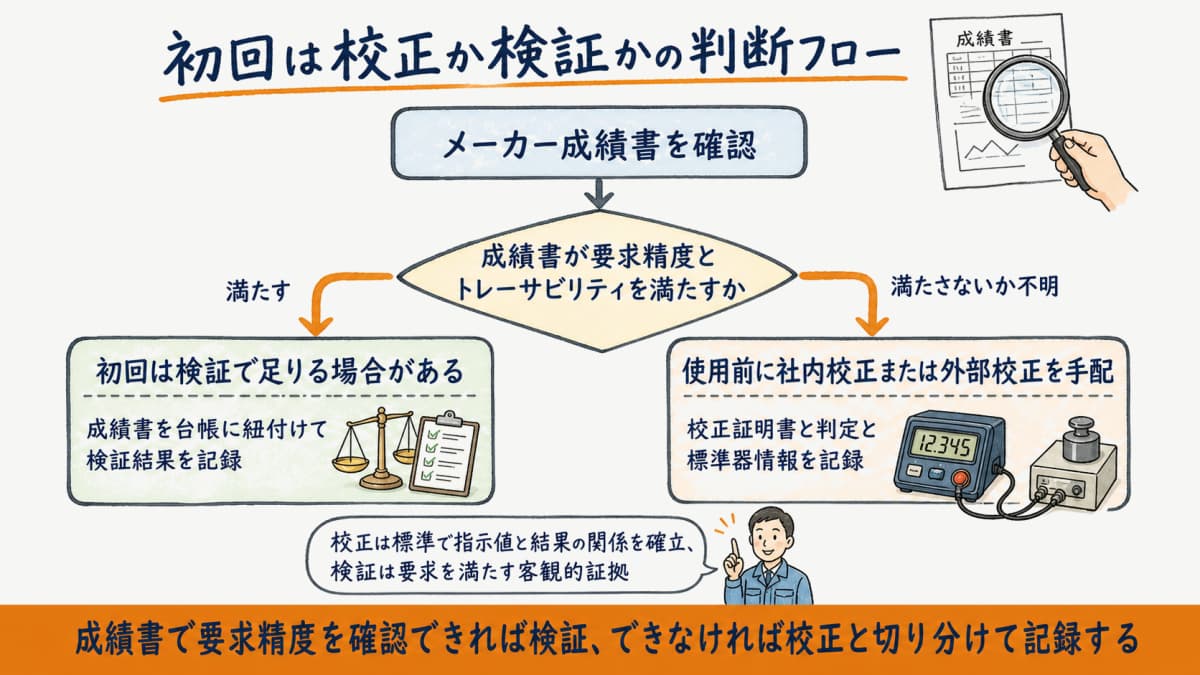 メーカー成績書で足りるか初回校正が必要かを判断する分岐フロー図の図解