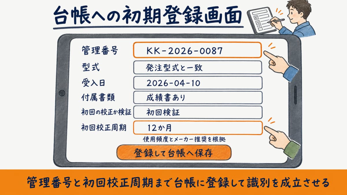 計測器を台帳へ初期登録する画面イメージと管理番号・初回周期の入力欄を示した図解