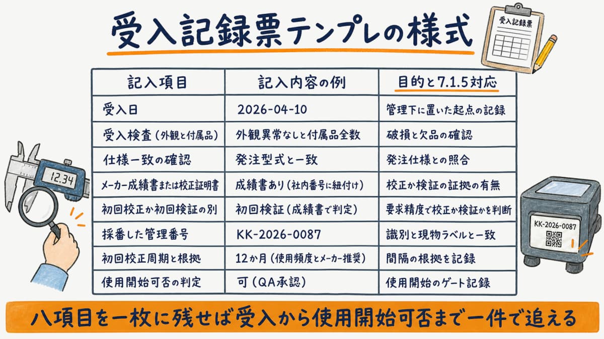 計測器受入記録票テンプレのカラム構成と記入例を示した様式見本の図解