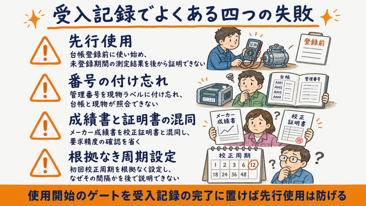受入記録でよくある4つの失敗と注意点をまとめたチェック図の図解