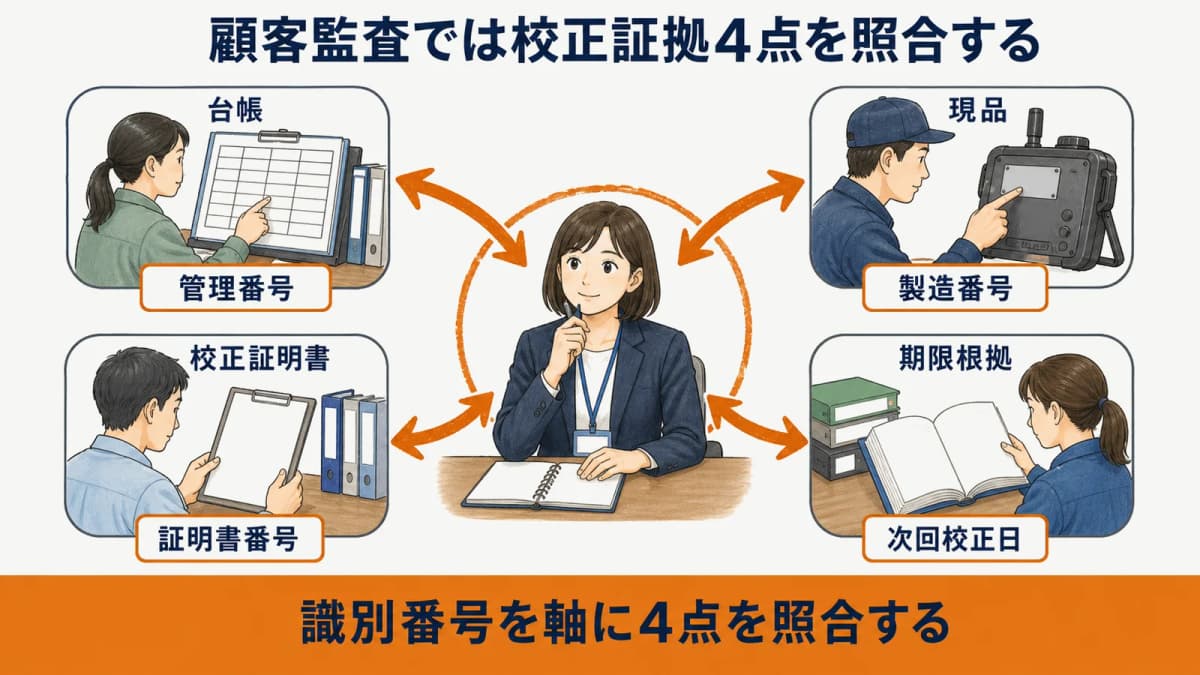 顧客監査で照合する台帳現品証明書期限根拠の関係図