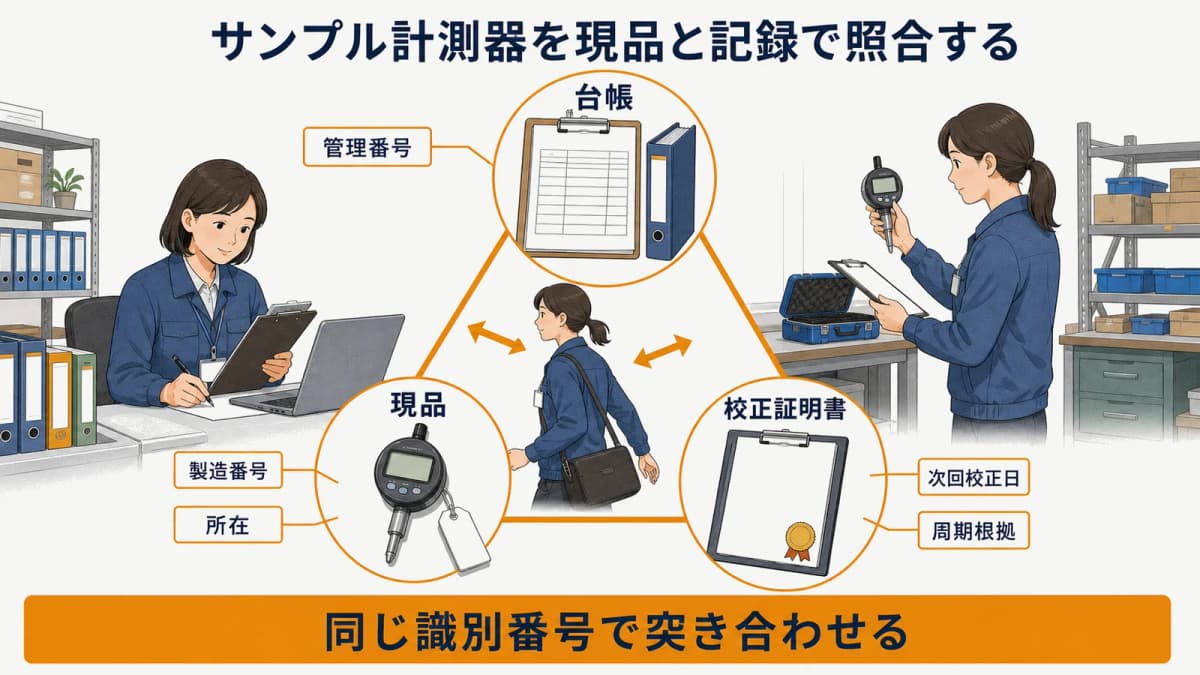 サンプル計測器の台帳現品証明書を突き合わせる三点照合票