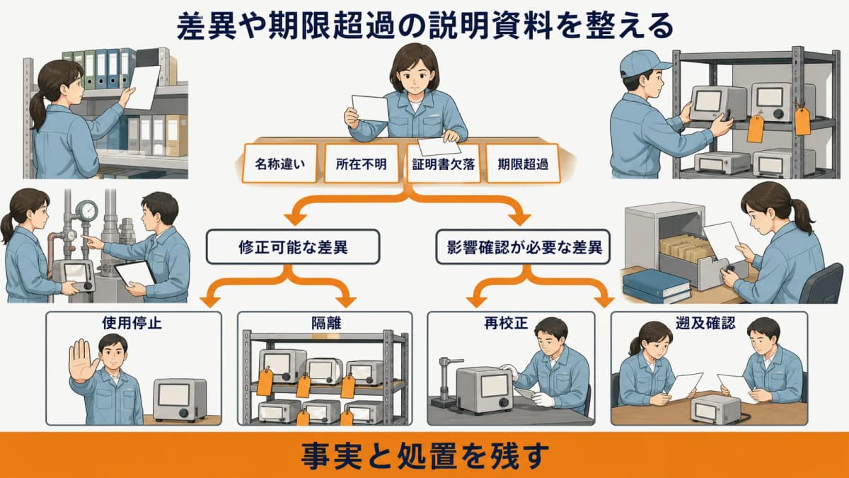 顧客監査前に記録差異と期限超過を分類する判断フロー