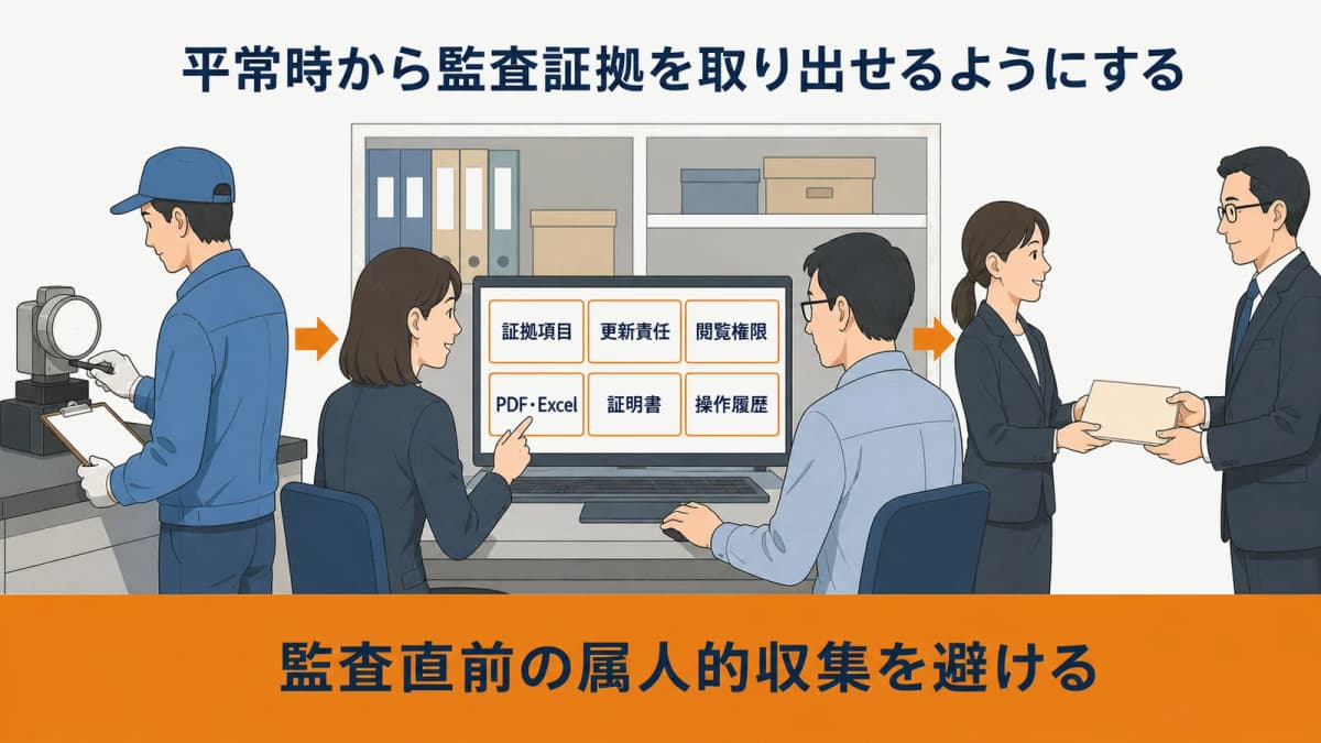平常時の台帳更新から顧客監査での証拠提示までの運用図