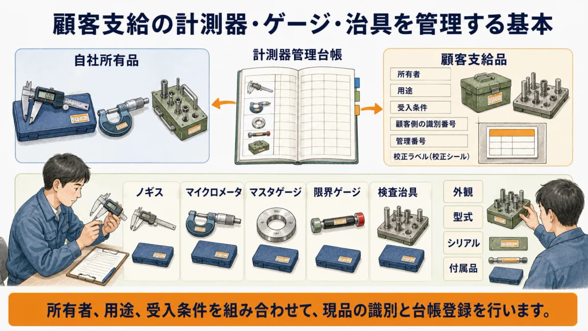 顧客から受け入れた限界ゲージと検査治具を所有区分ごとに整理する図解