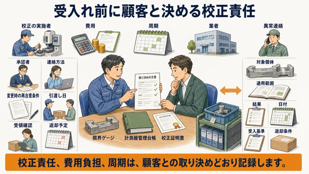 顧客と品質保証部門が限界ゲージの校正責任と受入条件を確認する図解