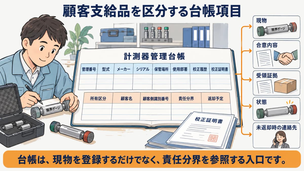 顧客支給品の所有者と返却予定を計測器管理台帳で管理する図解