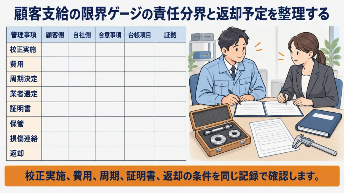 顧客支給の限界ゲージの責任分界と返却予定を台帳項目へ整理する図解