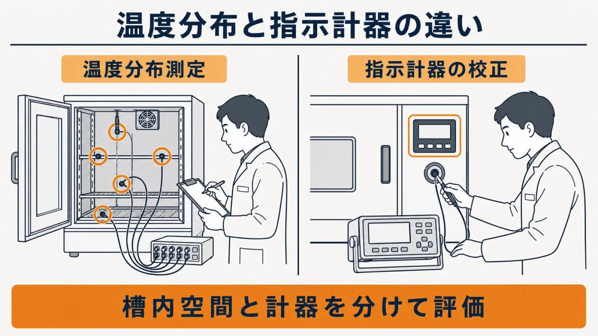 恒温槽の温度分布測定と内蔵指示計器の校正を分ける対象境界図