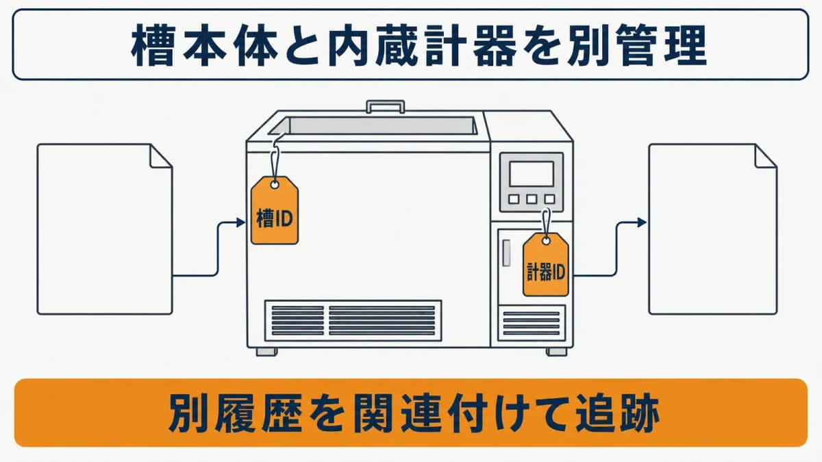 恒温槽の槽IDと内蔵計器IDとセンサーを結ぶ資産関係図