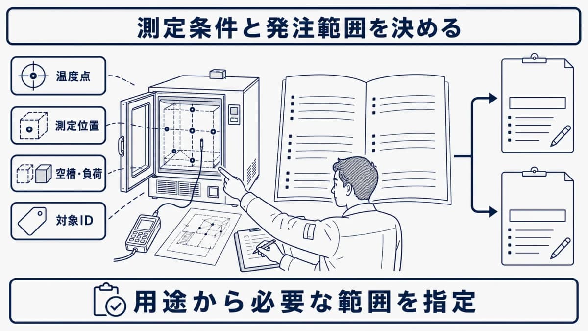 恒温槽の温度点と位置と負荷条件を整理する発注条件表