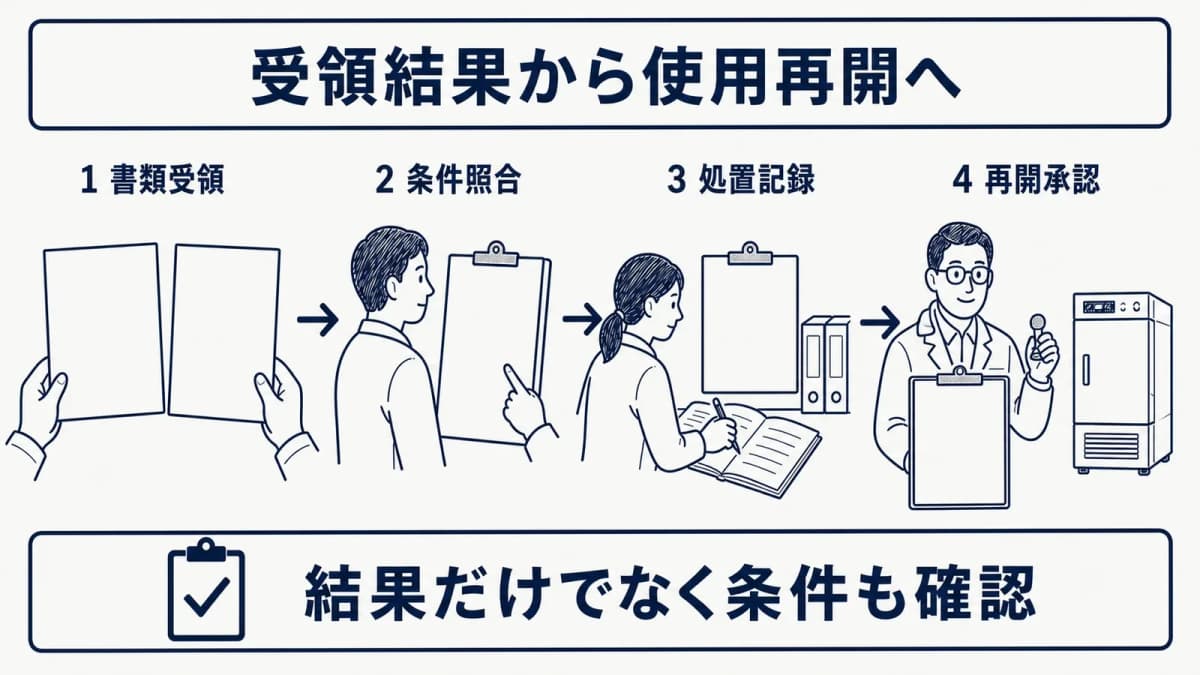 恒温槽の発注条件と受領結果を照合して使用再開する受入フロー