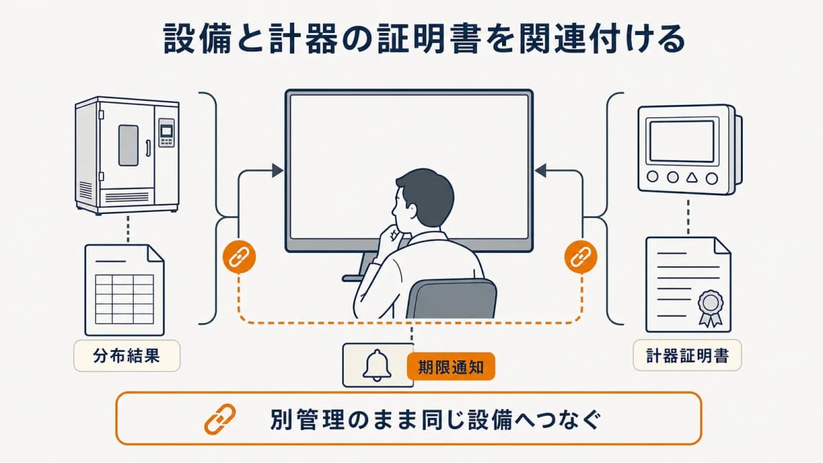 恒温槽の分布結果と計器証明書を槽IDで結ぶ証拠マップ
