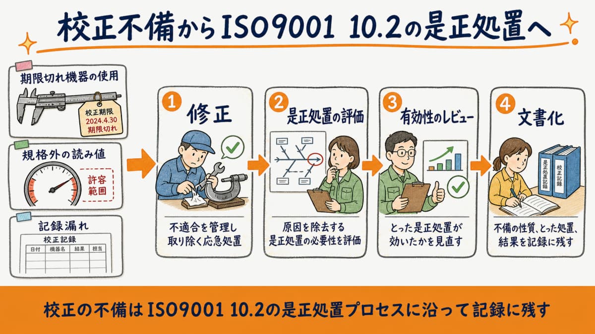 校正不備の発生からISO9001 10.2の是正処置プロセスへの流れを示した図解