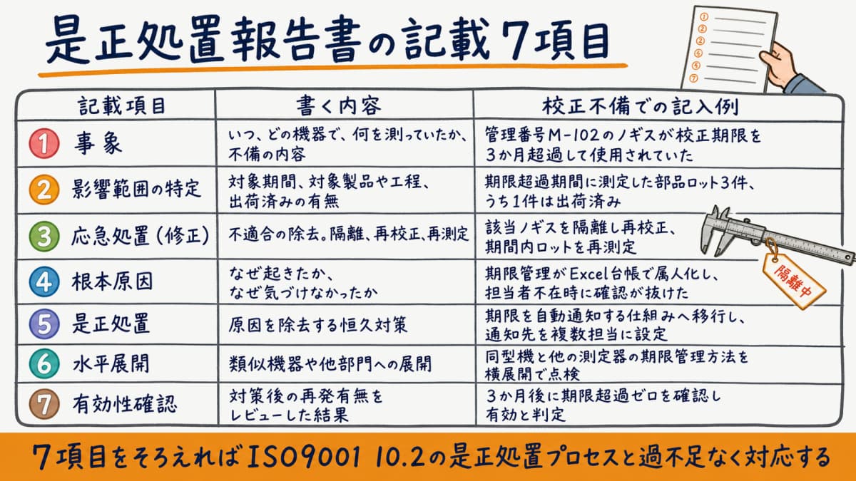 是正処置報告書の記載7項目とISO9001 10.2の対応を示した様式テンプレの図解