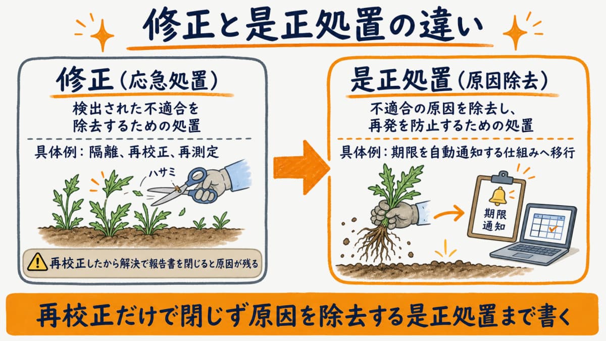 修正(応急処置)と是正処置(原因除去)の違いを対比した図解