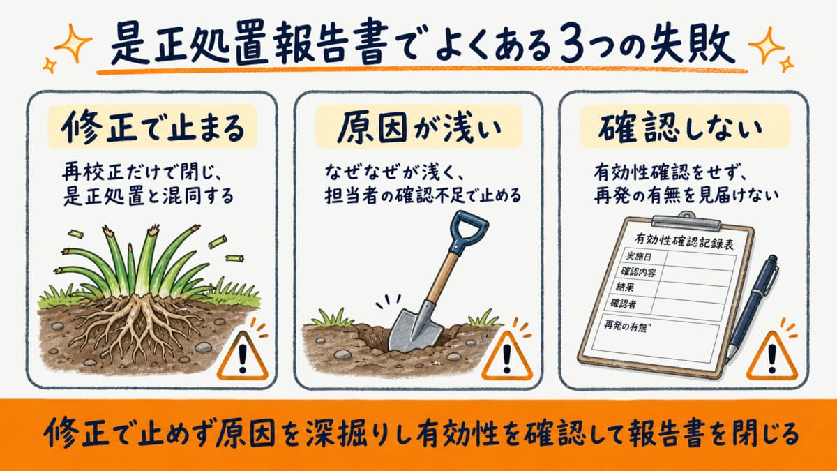 校正不備の是正処置報告書でよくある3つの失敗をまとめた図解