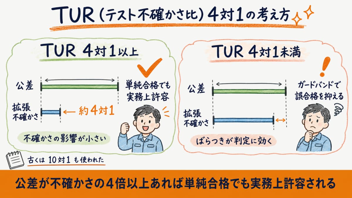 TURテスト不確かさ比4対1の考え方と単純合格の可否を示した概念図の図解