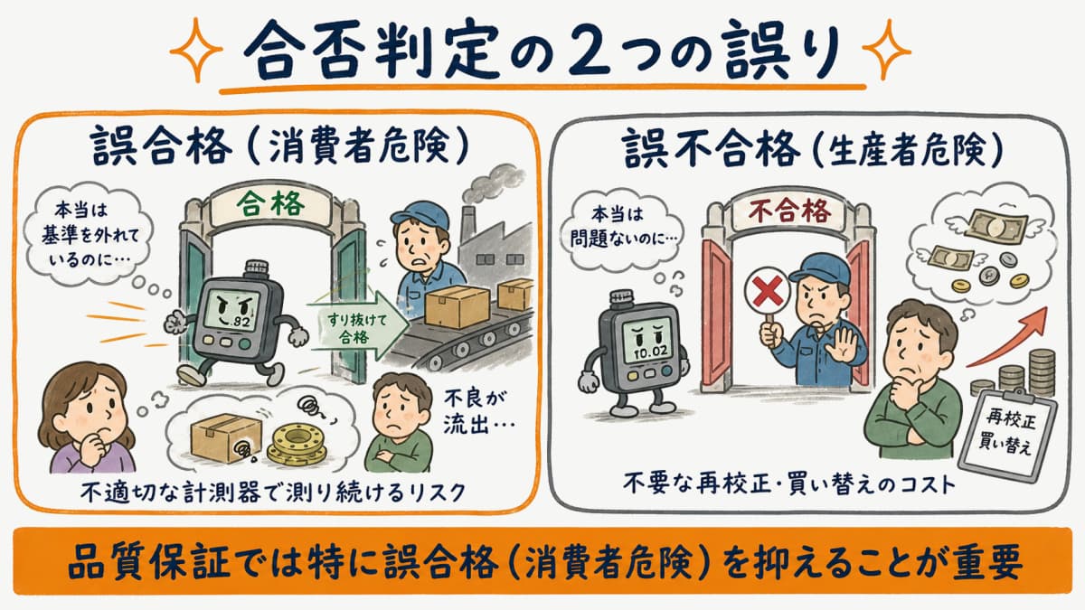 誤合格(消費者危険)と誤不合格(生産者危険)の違いを示した判定リスクの図解