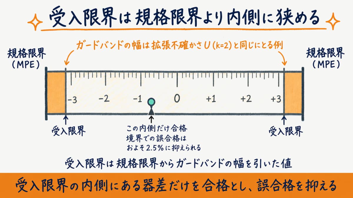 受入限界は規格限界からガードバンドを引いた値になる関係とILAC-G8の判定ルールを示した図解