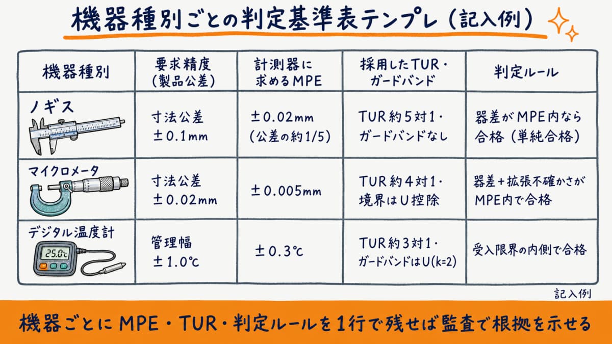 機器種別ごとの校正合否判定基準表テンプレの記入例を示した表イメージの図解