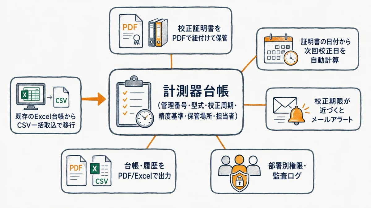 計測器台帳と証明書、期限アラートを一元管理する全体像を示す図