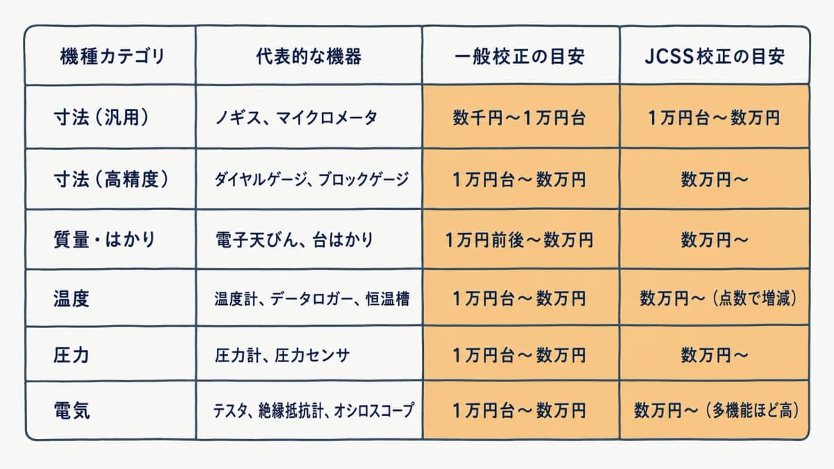 機種別・一般校正/JCSS校正別の校正費用 中立相場早見表