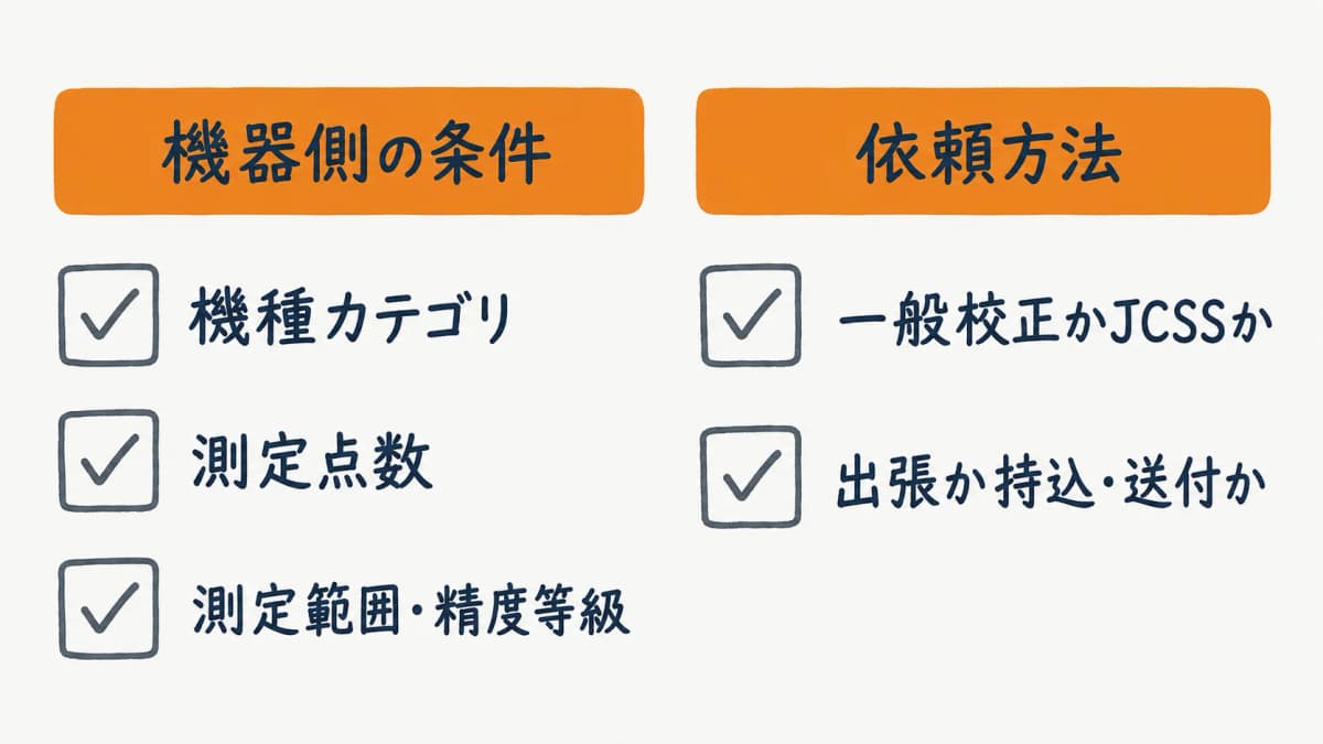 校正費用が変わる要因のチェック図(機種・点数・測定範囲・出張持込・校正区分)