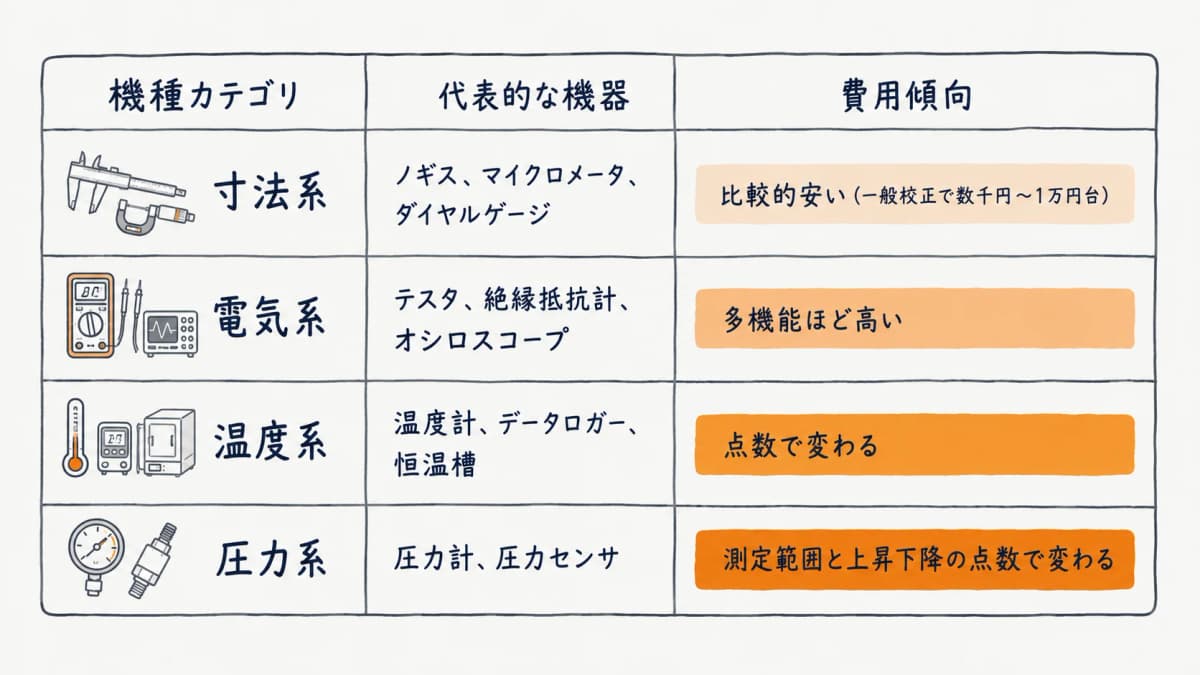 機種カテゴリ別の校正費用傾向の比較表(寸法・電気・温度・圧力)
