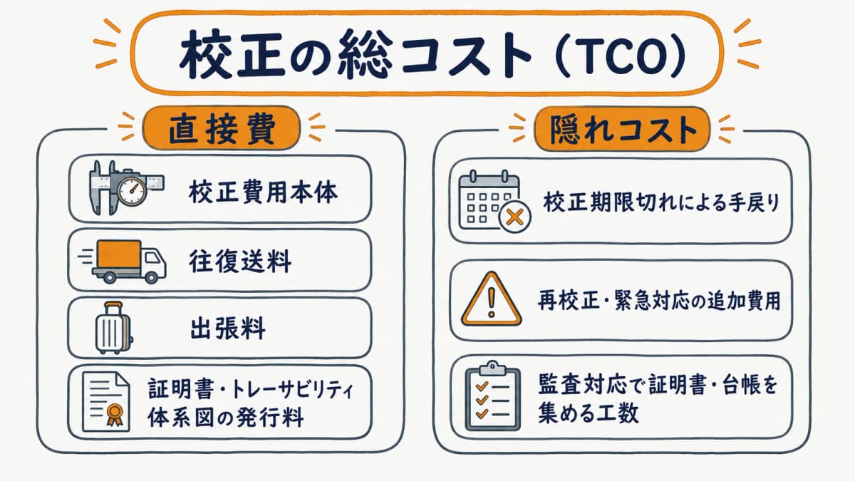 校正費用と管理コストを合算したTCO試算の内訳表(直接費と隠れコスト)