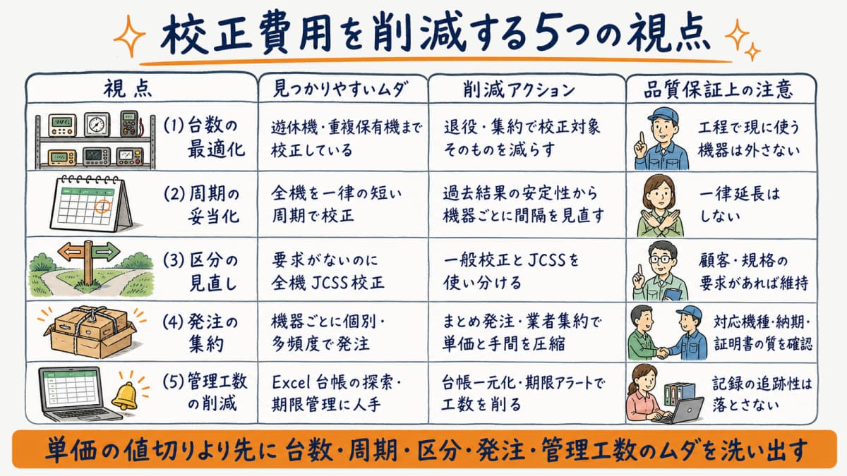 校正費用を削減する5つの視点とムダ・削減アクション・品質保証上の注意をまとめた早見表の図解