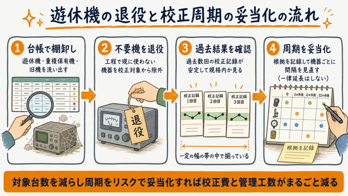 遊休機の退役による台数最適化と過去結果に基づく周期妥当化の流れを示したフロー図の図解