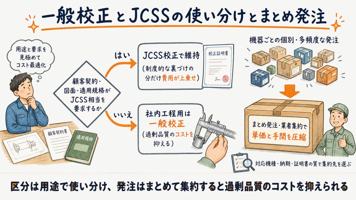 用途に応じた一般校正とJCSSの使い分けとまとめ発注による業者集約を示した分岐図の図解
