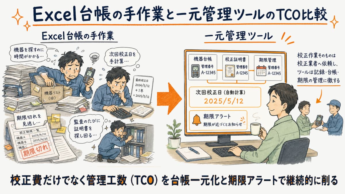 Excel台帳の手作業と一元管理ツールの管理工数を比較しTCO削減を示した図解