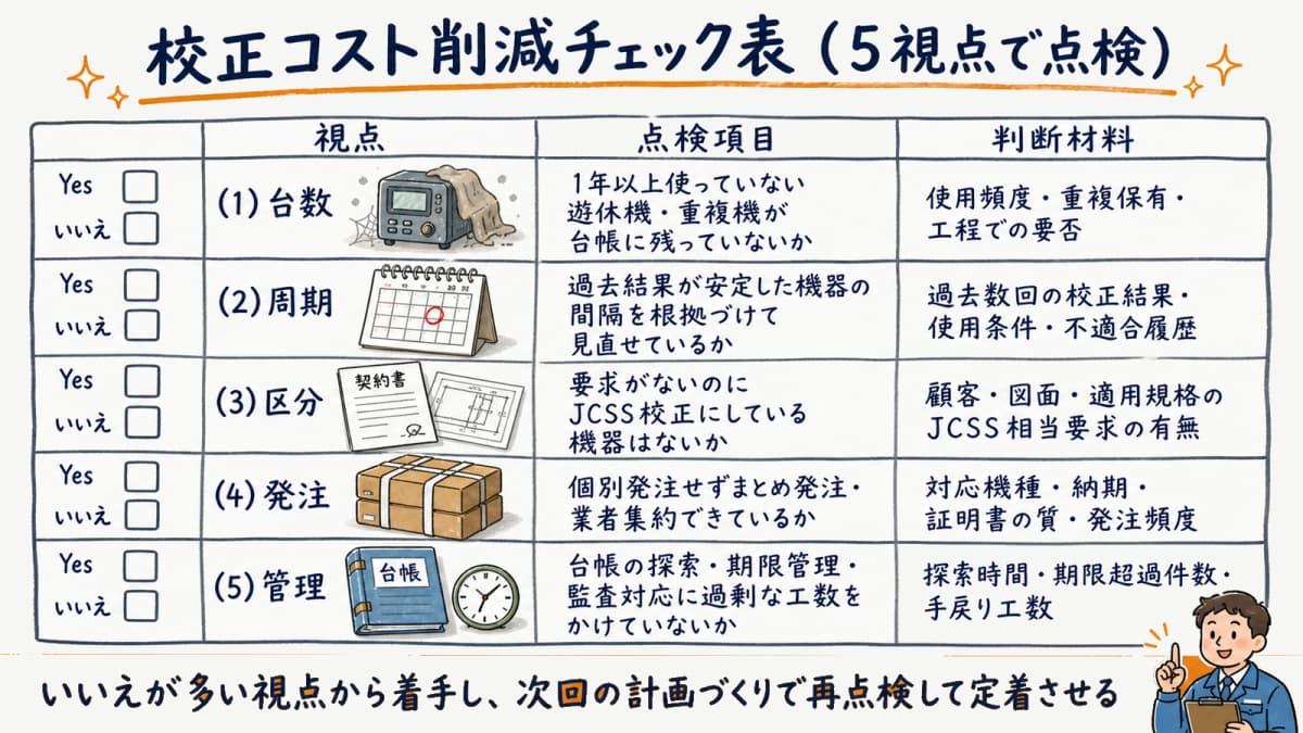 5視点ごとの点検項目と判断材料を並べた校正コスト削減チェック表の運用フローの図解