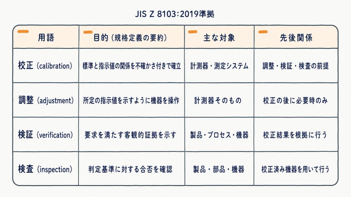 校正・検証・調整・検査の4用語を目的・対象・規格定義・先後関係で整理した違い早見表