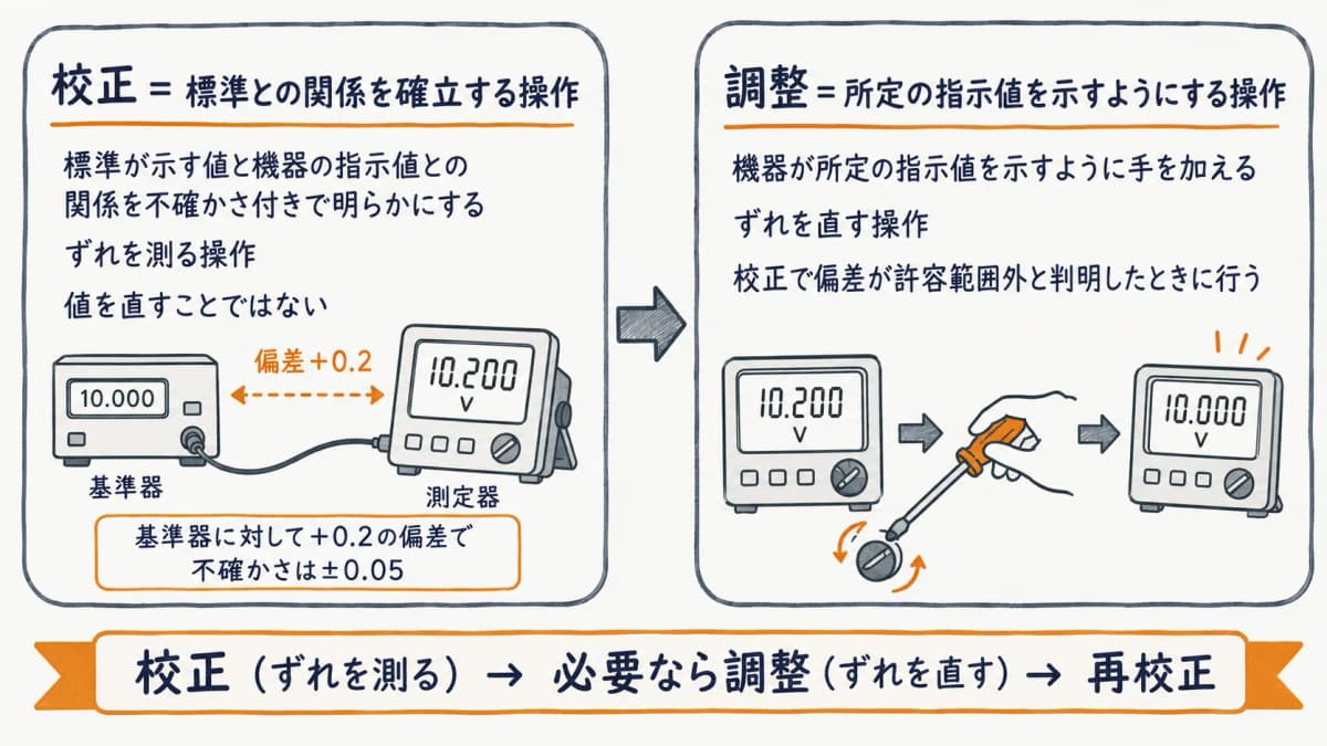 校正は標準との関係づけ、調整は指示値を合わせる操作であることを対比した図