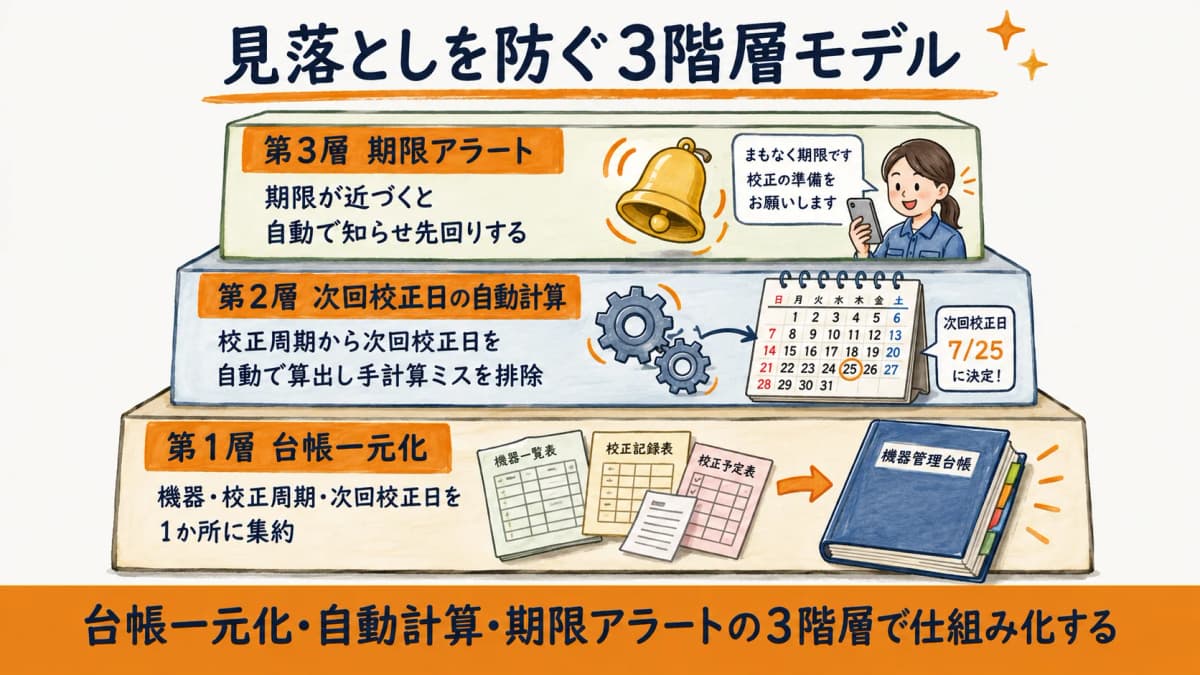 校正期限の見落としを防ぐ3階層モデル(台帳一元化・自動計算・期限アラートの積層図)